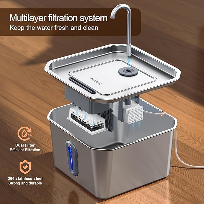 Stainless Steel Cat Water Fountain, 4L/135oz Automatic Circulation pet Water Dispenser, Quiet cat Bowl Water Dispenser, Suitable for Cats, Dogs and Multiple Pets. (Pet Fountain+2 Filters+2 Sponges)