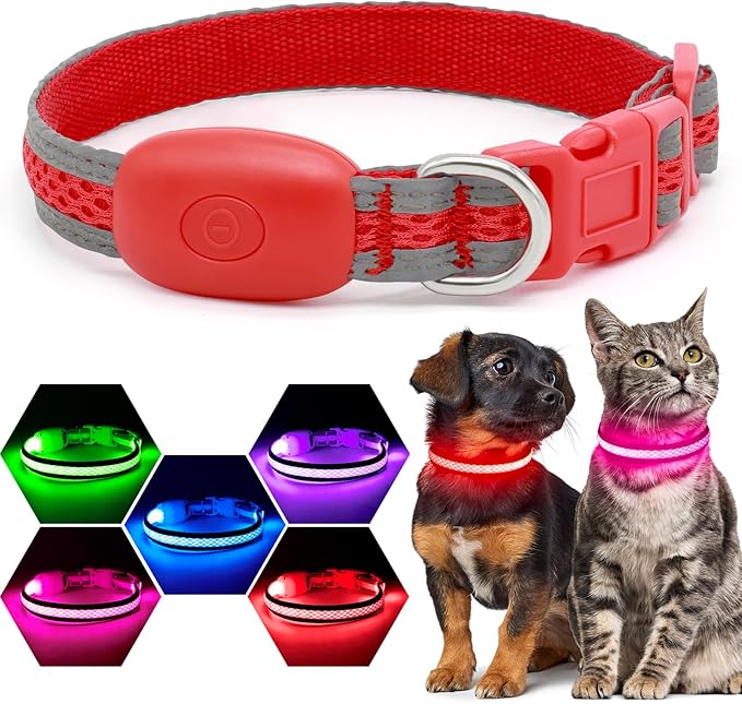 Flashseen LED Cat Collar,Light Up Dog Collar Rechargeable, Dog Lights for Night Walking, Comfortable Soft Mesh Pet Collar Adjustable for Cats Puppy and Small Dogs (Red, XS)