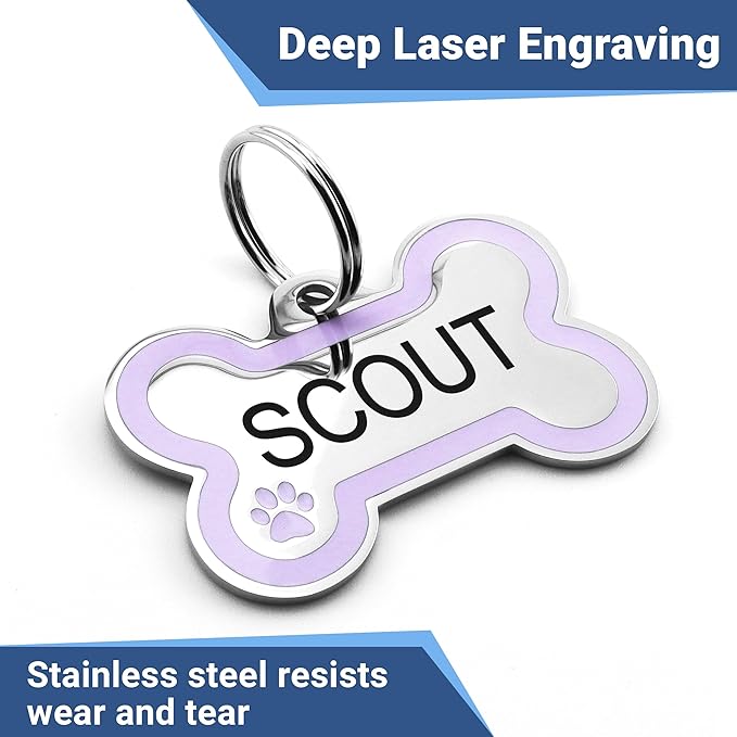 GoTags Stainless Steel Bone Dog Tag with Color Outline and Paw Print, Personalized Pet ID Tag for Dogs and Cats, Custom Engraving with up to 5 Lines of Text on Both Sides (Vanilla, Regular)