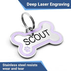 GoTags Stainless Steel Bone Dog Tag with Color Outline and Paw Print, Personalized Pet ID Tag for Dogs and Cats, Custom Engraving with up to 5 Lines of Text on Both Sides (Pink, Regular)