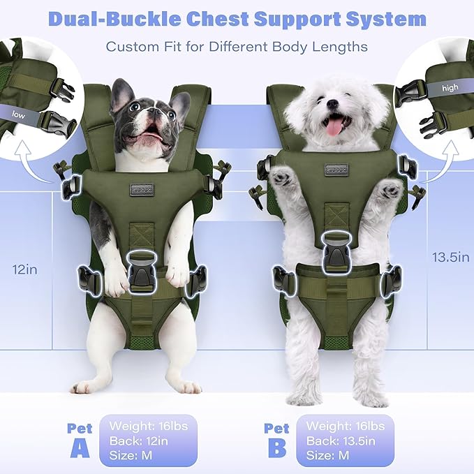 YUDODO Front Pet Carrier Backpack for Small Dogs and Cats, Secure and Breathable Mesh, Ergonomic Support, Adjustable for Walking, Hiking, or Travel (Army Green M)