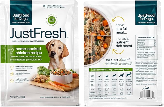 JustFoodForDogs JustFresh Home-Cooked Chicken and Beef Dog Food Variety Pack with No Preservatives, Resealable Packaging, Human Grade Wet Dog Food, 12 oz - 8 Pack
