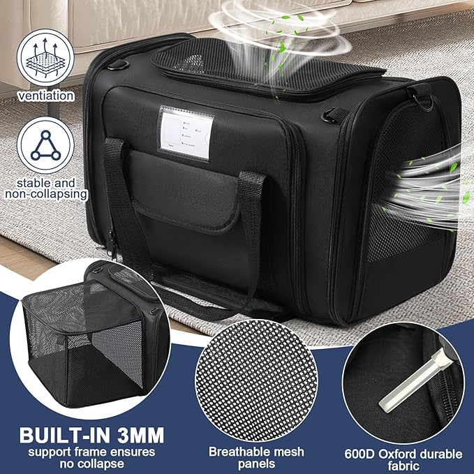 Pet Dog Cat Carrier Soft, Airline Approved Dog Carriers for Small Dogs, Washable Pet Carrier, Large Cat Travel Carriers, Portable TSA Carrier in Cabin, Soft Pet Bag Carrier for Puppy (Black)
