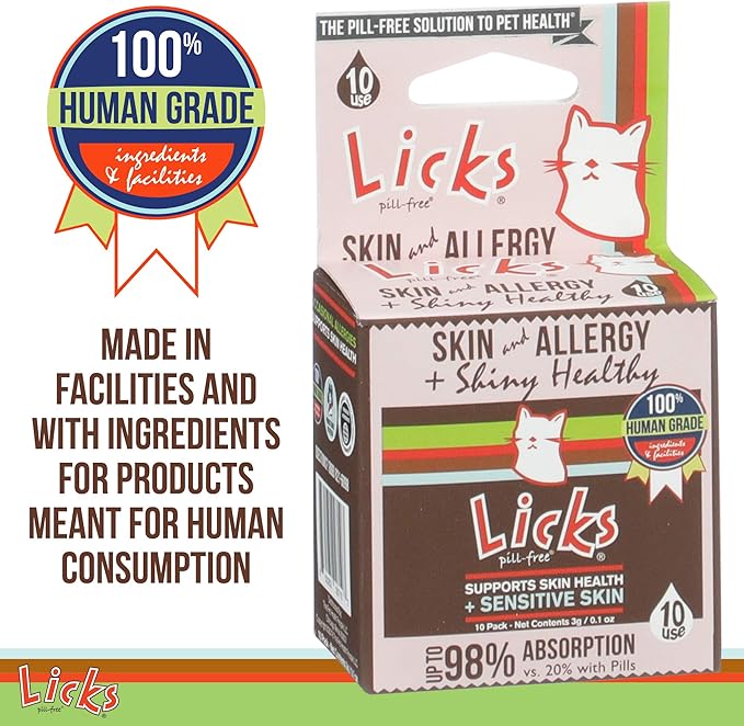 Licks Pill-Free Cat Skin & Allergy - Omega 3 Allergy Relief - Cat Vitamins & Supplements for Itchy Skin - Turmeric Supplement - Gel Packets - 10 Use