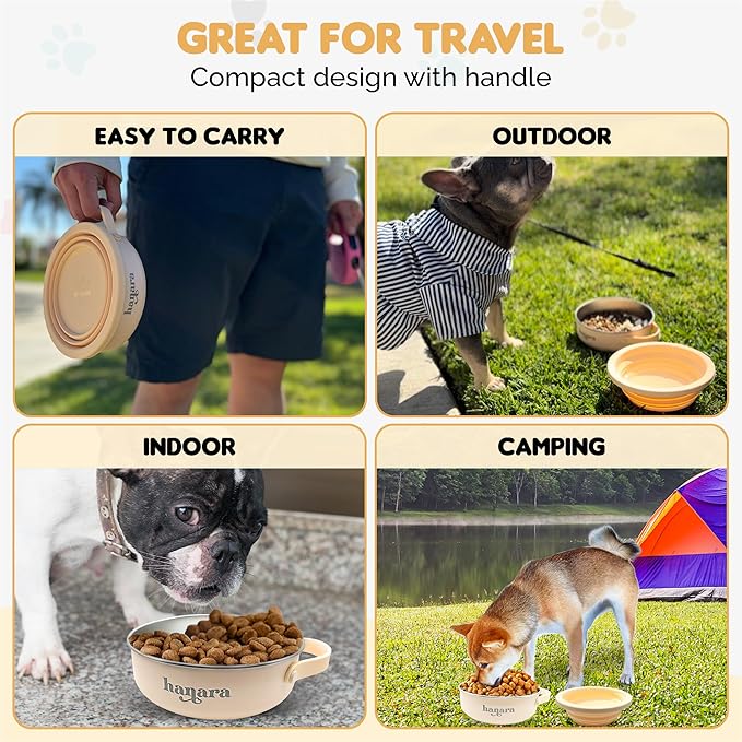 2-in-1 Insulated Dog Bowl with Collapsible Lid & Handle – Stainless Steel, Non-Slip Rubber Base – Portable Pet Water & Food Bowl for Dogs & Cats – 30 OZ + 20 OZ – Indoor & Outdoor (Beige)