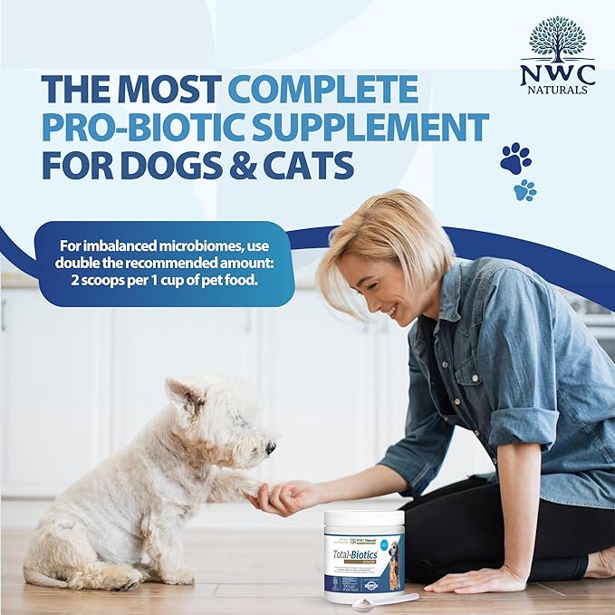NWC Naturals Total-Biotics, Cat & Dog Probiotics for Digestive Health with Prebiotic, Unflavored Probiotic for Dogs & Cats, Supplement for Gut, Skin, Coat, Stomach Relief, 100 Servings, 2.22 Ounces