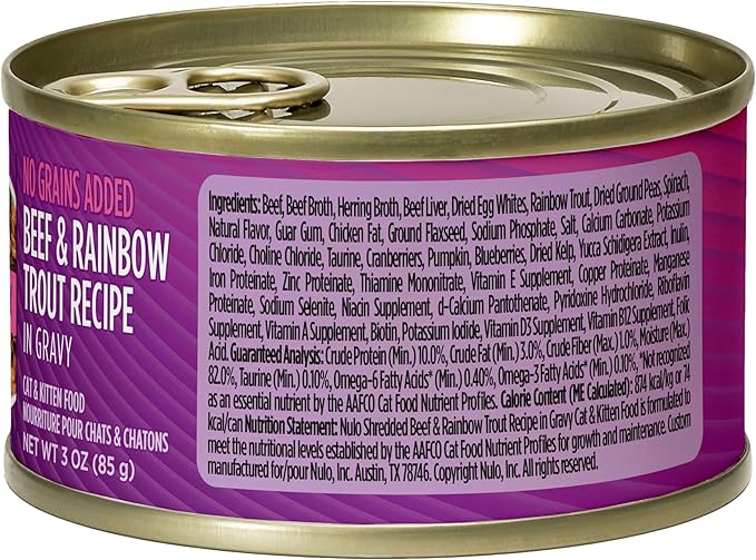 Nulo Beef & Rainbow Trout Grain-Free Shredded Wet Canned Cat Food, 3 Ounce (Pack of 24)