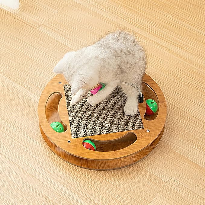 Cat Scratching Board with 4 Cat Bell Balls Toys and Spring Mouse Toy, Cat Scratcher Pad for Indoor Cats, Cat Scratcher Cardboard, Durable, Cat Self Groomer, Stable and Non-Slip, Eco-Friendly Wood