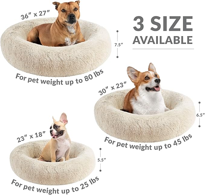 Friends Forever Serena Donut Memory Foam Orthopedic Dog Bed, Soft Faux Fur Oval Cat Couch For Indoor Pet, Fluffy Calming Plush Shag, Round Bolster Cushion, Machine Washable Cuddler, Tan, 36"x27"x7.5"