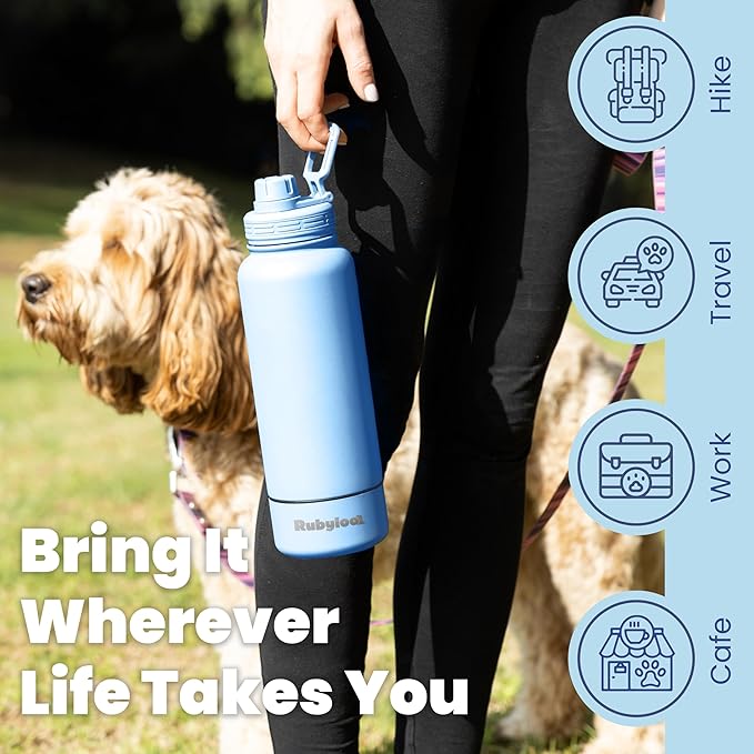 Dog Water Bottle for Dog Lovers - 32 oz Stainless Steel Double Wall Insulated Water Bottle with 8 oz Detachable Bowl on Bottom - Gift for Doggy Lovers for Hiking, Walks, Travel - Dusty Blue