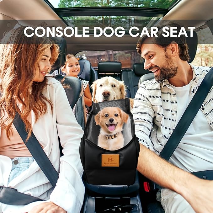 Multipurpose Console Dog Car Seat for Small Dogs & Cats， Portable Pet Carrier with Safety Tether & Storage Pockets (Black, Middle)