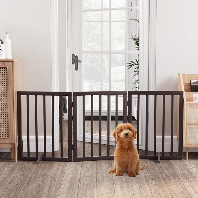Semiocthome Free Standing Pet Gates for Dog Indoor, 3-Panel Puppy Gates for The House with 2PCS Support Feet, 24“(H) Folding Dog Gate for Stairs Expands Up to 55" (W) No Installation Resquired- Brown