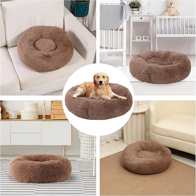 Calming Dog Bed, Dog Beds Fits up to 80 lbs Pets, Fluffy Donut Dog & Cat Bed Washable, Round Anti Anxiety Dog Bed, Small Dog Bed with Non-Slip Bottom (Khaki, 36" x 36")