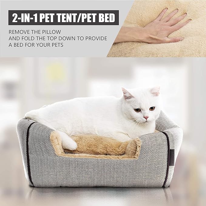 Cat Bed for Indoor Cats - Cat Cave Bed Cat House Cat Tent with Removable Washable Cushioned Pillow, Soft and Self Kitten beds,Cat Beds & Furniture, Pet Bed (Large, Beige)