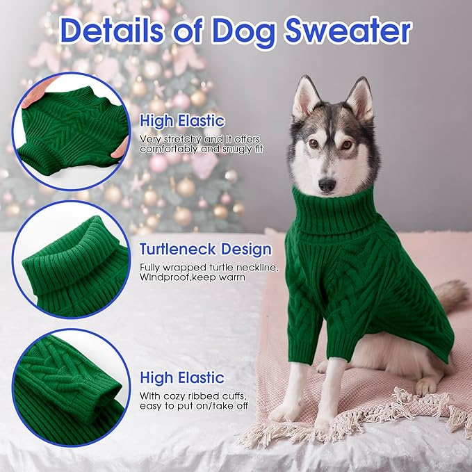 ASENKU Dog Sweater, Dog Sweaters for Medium Dogs, Warm Pullover Doggie KnitTurtleneck Warm Clothes for French Bulldog, Boston Terrier（Dark Green, L）