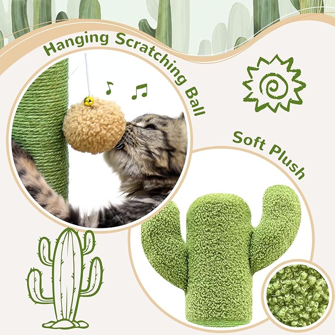 Globlazer Extra Thick Scratching Posts for Indoor Large Cats Adults, 37inch Cactus Cat Scratching Post Cat Scratcher Cute Sisal Scratching Post with Modern Wooden Ball Tracking Interactive Toys, SC37