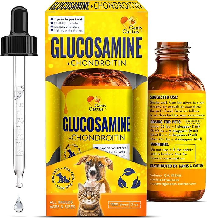 Canis&Cattus Liquid Glucosamine Dogs and Cats – Joint Supplement with MSM & Chondroitin – Mobility & Hip Support for Pets – Beef Flavor – 2oz