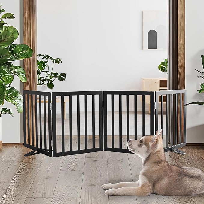 ZJSF Freestanding Indoor Dog Gate for House Foldable Wood Puppy Gate for Doorways Pet Gate for Stairs Extra Wide Pet Fence, Black, 24" Height 4 Panels