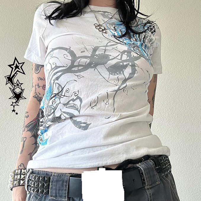 Gothic Tees for Women Y2K Grunge Graphic Short Sleeve Crew Neck T-Shirts 90s Vintage Aesthetic Emo Clothes