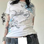 Gothic Tees for Women Y2K Grunge Graphic Short Sleeve Crew Neck T-Shirts 90s Vintage Aesthetic Emo Clothes
