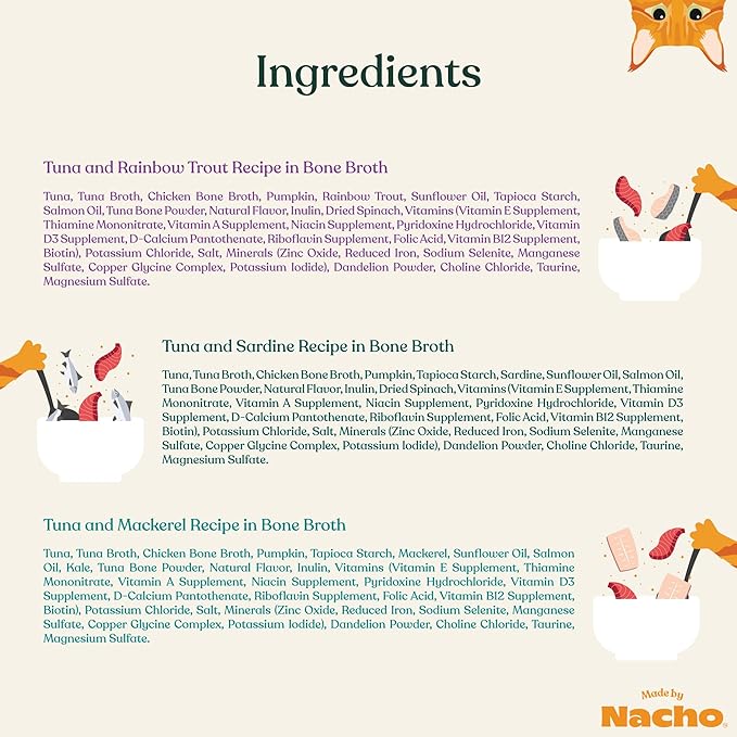 Made by Nacho Flaked Filets Recipe in Bone Broth, Grain-Free Chef's Selects Wet Food for Cats Balanced Diet in Naturally Hydrating Pumpkin-Infused Broth (3.0 oz (Pack of 12), Flaked Fish Variety Pack)