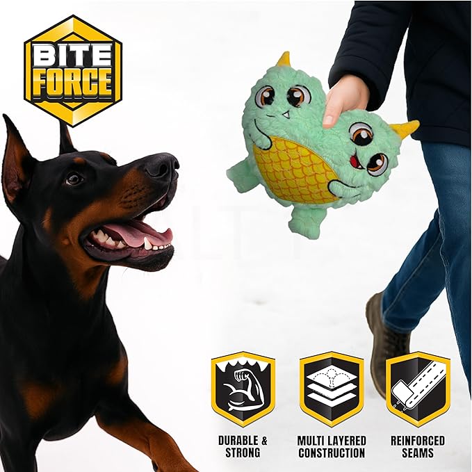 Bite Force - Durable & Strong Dog Toy Blue Two Headed Monster with Squeaker, Kevlar-Reinforced for Aggressive chewers.