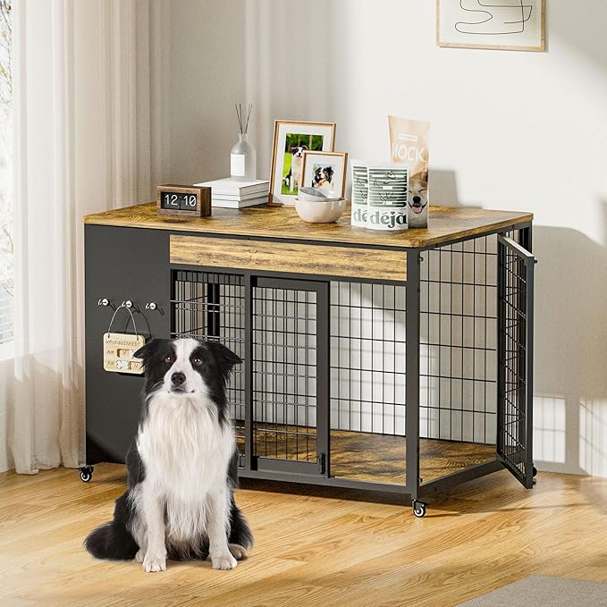 38" Dog Crate Furniture - Dog Crate with DIY Frame, Sliding Door Indoor Kennel, Wooden Dog Cage End Table, for Medium/Large Breed, Rustic Brown Size L