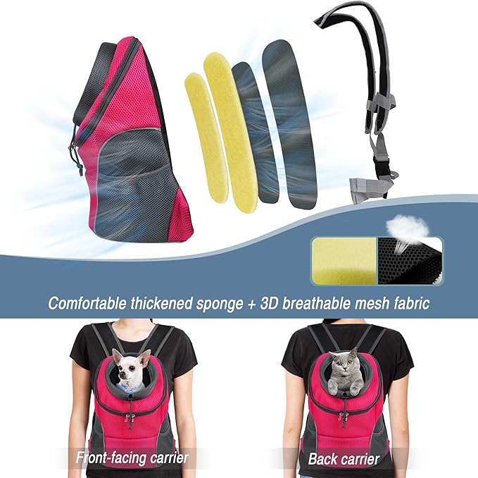 WOYYHO Pet Dog Carrier Backpack Small Dog Front Backpack Ventilated Dog Carrier Back Pack with Storage Pockets, Adjustable Straps & Safety Belt for Travel Hiking Outdoor (Size M: 5-9 lbs, Rose)