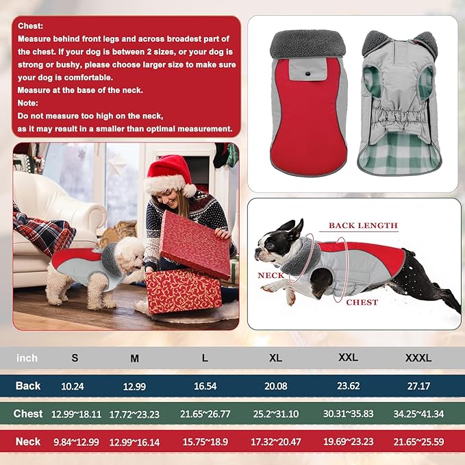 Doglay Dog Coat Waterproof Warm Dog Winter Jacket,Christmas Reflective Fleece Puppy Winter Coat with Harness Hole, Adjustable Snow Jacket for Small Medium Large Dogs