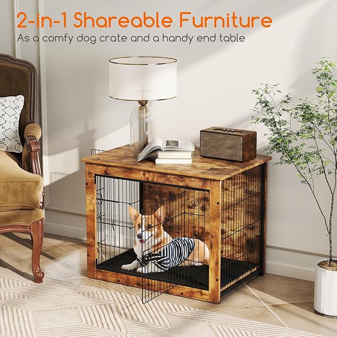 PETSITE Dog Crate Furniture for Small/Medium Dogs, 33" Indoor Pet House Side End Table w/Cushion, Double Doors, Heavy-Duty Chew-Resistant Wood Metal Dog Kennel up to 45 LBS (33 x 22 x 25.5 Inches)