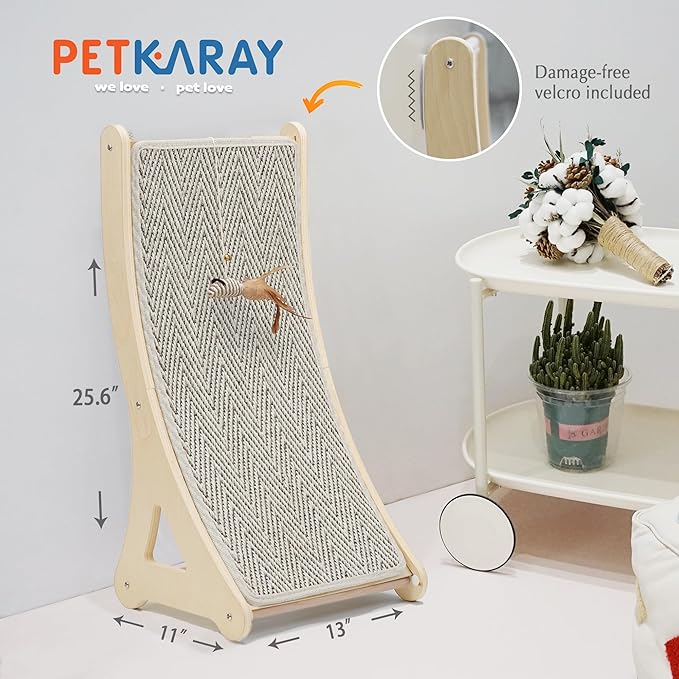 PETKARAY Curved Cat Scratcher, Sisal Kitty Scratching Ramp, L Shape Scratch Pad for Indoor Cats, 25.6" Furniture Protector with Mouse Toy, Chevron Style