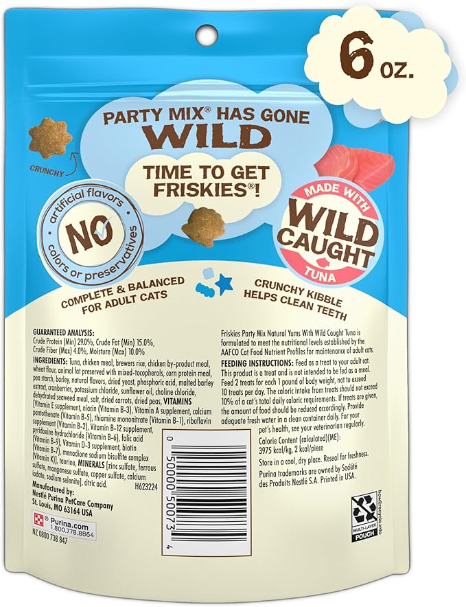 Purina Friskies Natural Cat Treats, Party Mix Natural Yums With Wild Tuna - (Pack of 6) 6 oz. Pouches