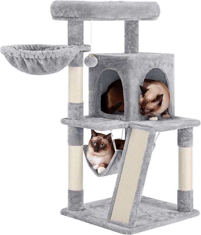 Yaheetech Cat Tree Tower, 40-Inch Condo with Hammock, Oversized Soft Platform, Scratching Board, Basket, Pet Beds & Furniture for Large Kittens, Light Gray