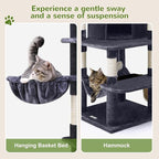 Globlazer Corner Cat Tree for Large Cats, 66inch Tall Curved Series Large Cat Tower for Multiple Indoor Cats with 6 Scratching Posts, 2 Spacious Cat Condos, Hammock, Hanging Basket, C66, Dark Grey