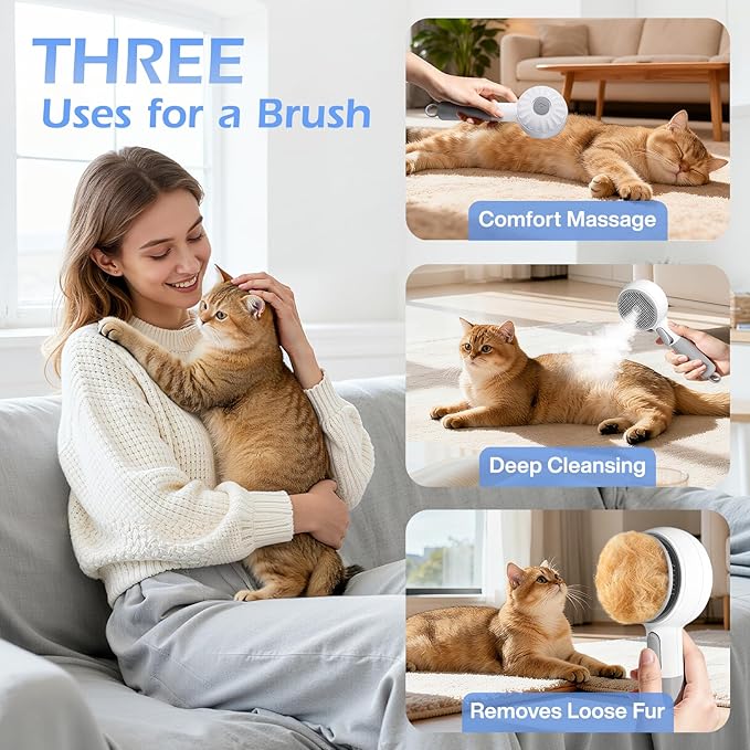 Pet Steam Brush, 3-in-1 Spray Grooming Brush USB Rechargeable, IPX7 Waterproof Deshedding Comb with Self-Cleaning & 2 Speeds for Cats and Dogs with Long Short Hair Cat Brush