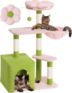 Flower Cat Tree Tower for Large Cats, 41.2'' Cute Cat House with 4 Scratching Posts, 2-Door Condo Cave for Adult Cats, Cozy Perch and Hammock for Small Cats or Pets, Green Pink