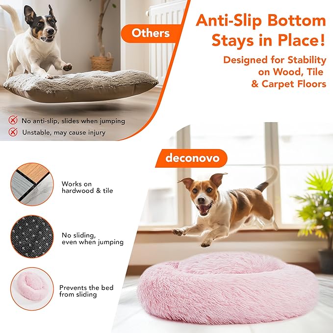Deconovo Calming Donut Dog Bed, Washable Plush Round Pet Bed for Small Dogs & Cats with Raised Rim, Non-Slip Base and Soft Faux Fur—Lightweight, Easy-Care Design Pink 25" L x 25" W x 8" Th
