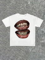 Verdusa Women's Lips Print Graphic Tees Y2k T Shirts Summer Crew Neck Vintage Going Out Tops