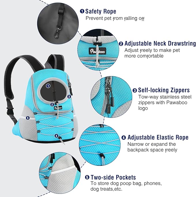 Pawaboo Pet Dog Carrier Backpack, Puppy Dog Travel Front Carrier for Small Medium Dogs Cats, Adjustable Breathable Dog Carrying Backpack with Safety Strips for Hiking, Walking (Blue M Up to 10 lbs)