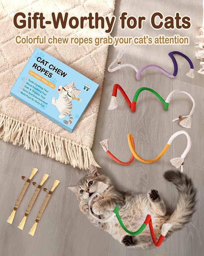 Cat Chew Rope Toys 6Pcs with Catnip, Indoor Cat Teething Toys for Kittens, Interactive Catnip Kitty Toys for All Breeds (3PCs Chew Rope & 3PCs Silvervine Sticks)
