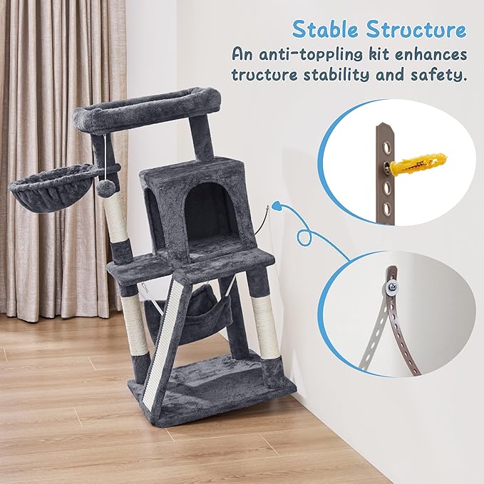 Yaheetech Cat Tree Tower, 40-Inch Condo with Hammock, Oversized Soft Platform, Scratching Board, Basket, Pet Beds & Furniture for Large Kittens, Dark Gray