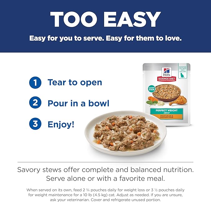 Hill's Science Diet Perfect Weight, Adult 1-6, Weight Management Support, Wet Cat Food, Chicken & Vegetables Stew, 2.8 oz Pouch, Case of 24