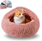 Calming Dog Beds & Cat Cave Bed with Hooded Cover,Washable Round Beds for Small Medium Pets,Anti-Slip Faux Fur Fluffy Coved Bed,Comfortable Warming Pet Bed(24 * 24inch,Leather Pink)