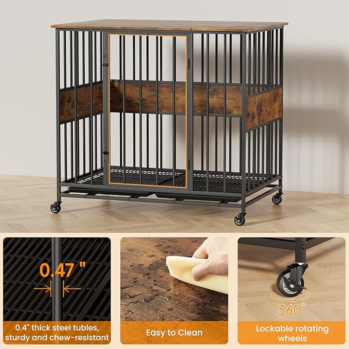 Dog Crate Furniture for Medium Dogs, 38 Inch Indoor Medium Kennel, Wooden Pet Cage Decorative Corner End Table with Caster Wheels & Double Removable Tray, Rustic Brown