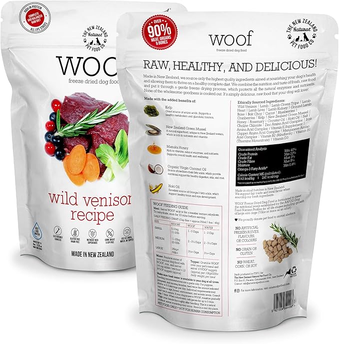 WOOF Wild Venison Freeze Dried Raw Dog Food, Mixer, or Topper, or Treat - High Protein, Natural, Limited Ingredient Recipe 9.9oz