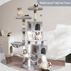 Cat Tree for Indoor Cats, 71'' (180cm) Multi-Level Cat Tower for Large Adult, Sturdy Cat Tree House with 2 Scratching Boards 7 Posts, 2 Plush Perches/Condos, Hammock, Light Gray GCT032W