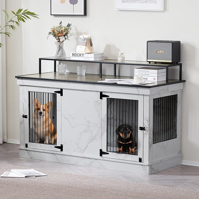 MCombo Large Dog Crate Furniture TV Stand, Wooden Pet Kennel with Double Doors, Indoor Furniture Style Dog House End Table, 1861 (White)