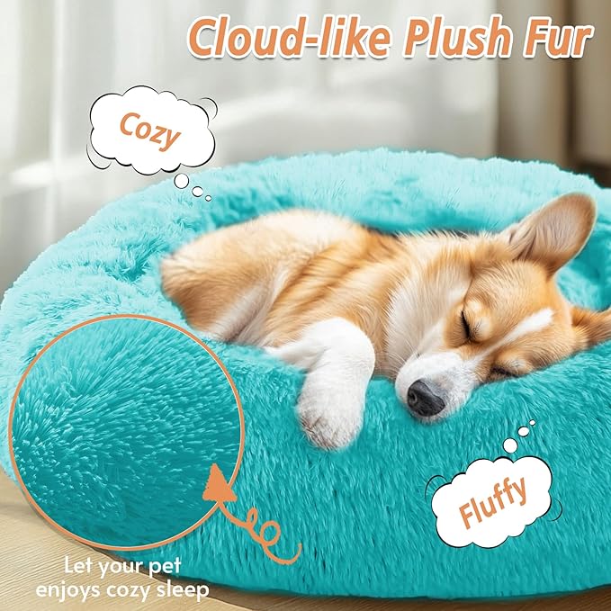 JOLLYVOGUE Calming Dog & Cat Bed for Large Dogs, Anti-Anxiety Donut Cuddler Cozy Soft Round Bed with Anti-Slip Bottom, Fluffy Faux Fur Plush Cushion Beds for Medium Dogs (36")