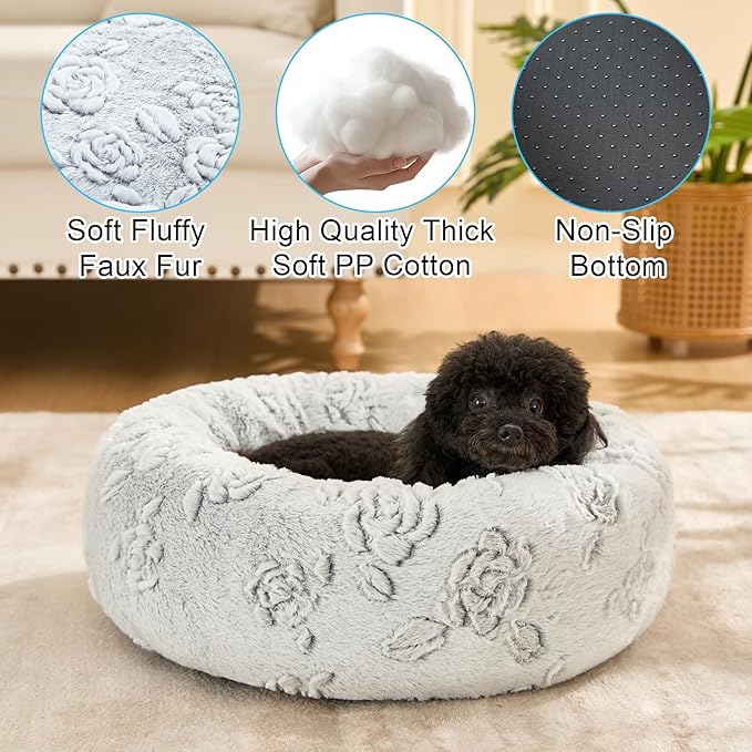 Dog Calming Beds for Small Medium Large Dogs - Round Donut Washable Puppy Dog Bed, Anti-Slip Faux Fur Fluffy Donut Cuddle Anxiety Cat Pet Bed (28" Rose)
