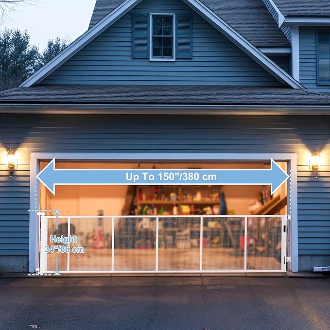 150″ Retractable Baby Gate – 34″ Tall Extra Wide Safety Gate for Large Hallways, Open Areas, Pet Zones – Durable Mesh Gate for Kids and Dogs, White